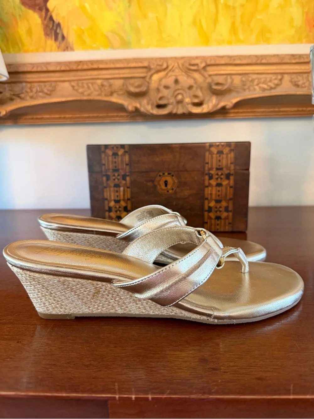 Lilly Pulitzer McKim Gold Nappa Leather Wedge Sandals Size 8.5